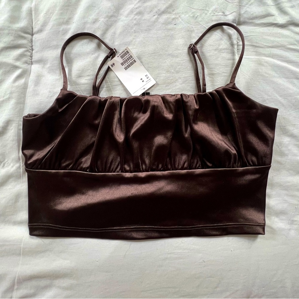 H&M Size M Brown Satin Spaghetti Strap Ruched Crop Top - NWT!